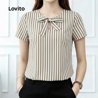 Lovito เสื้อเบลาส์ลําลอง ผูกโบว์ แบบเว้าช่วงอก สําหรับผู้หญิง LK6ED071