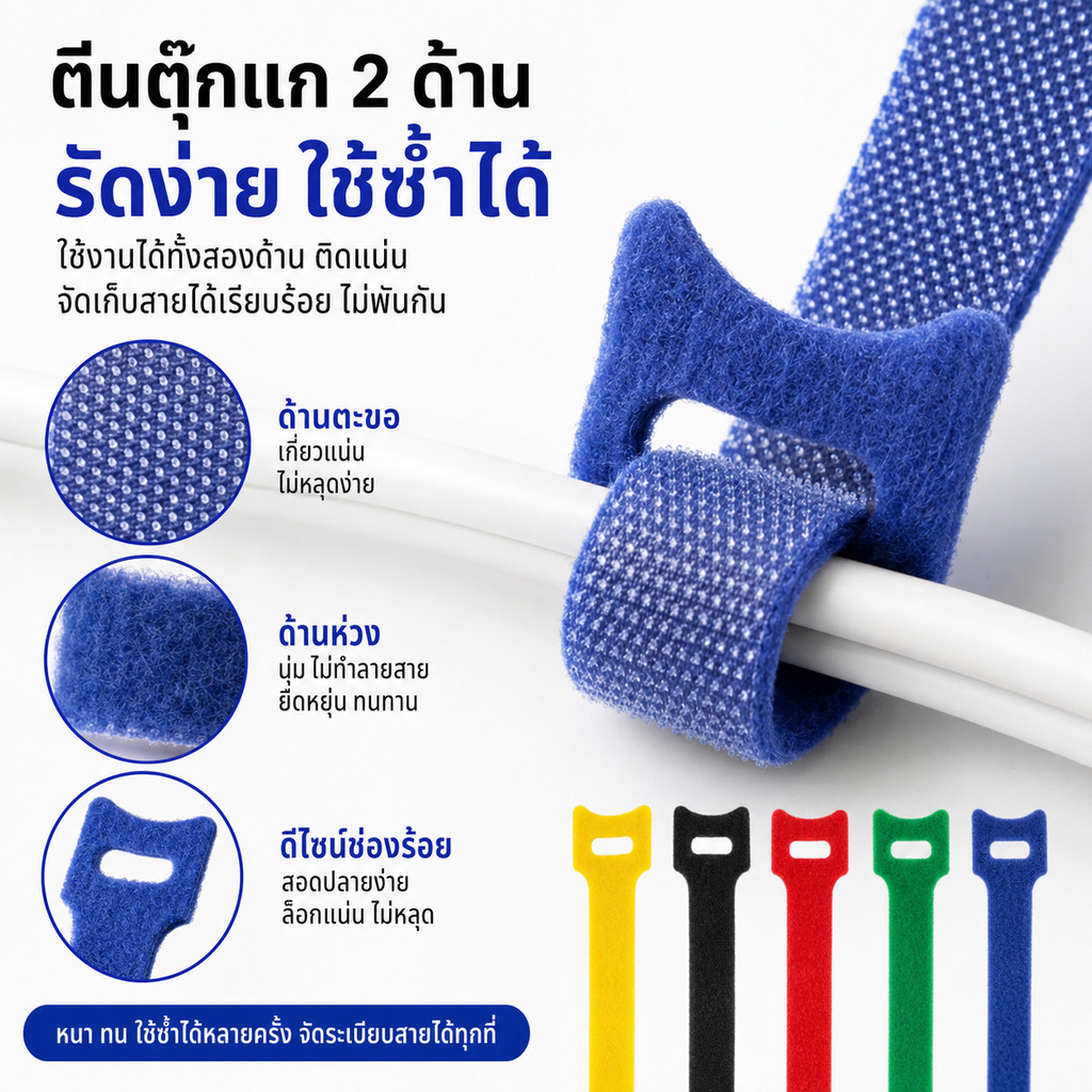Mori สายรัดจัดระเบียบสายไฟ 10 ชิ้น เทปตีนตุ๊กแก ใช้ซ้ำได้ 5 สี รัดสายชาร์จ สาย USB หูฟัง ไม่พันกัน พร้อมส่งจากไทย