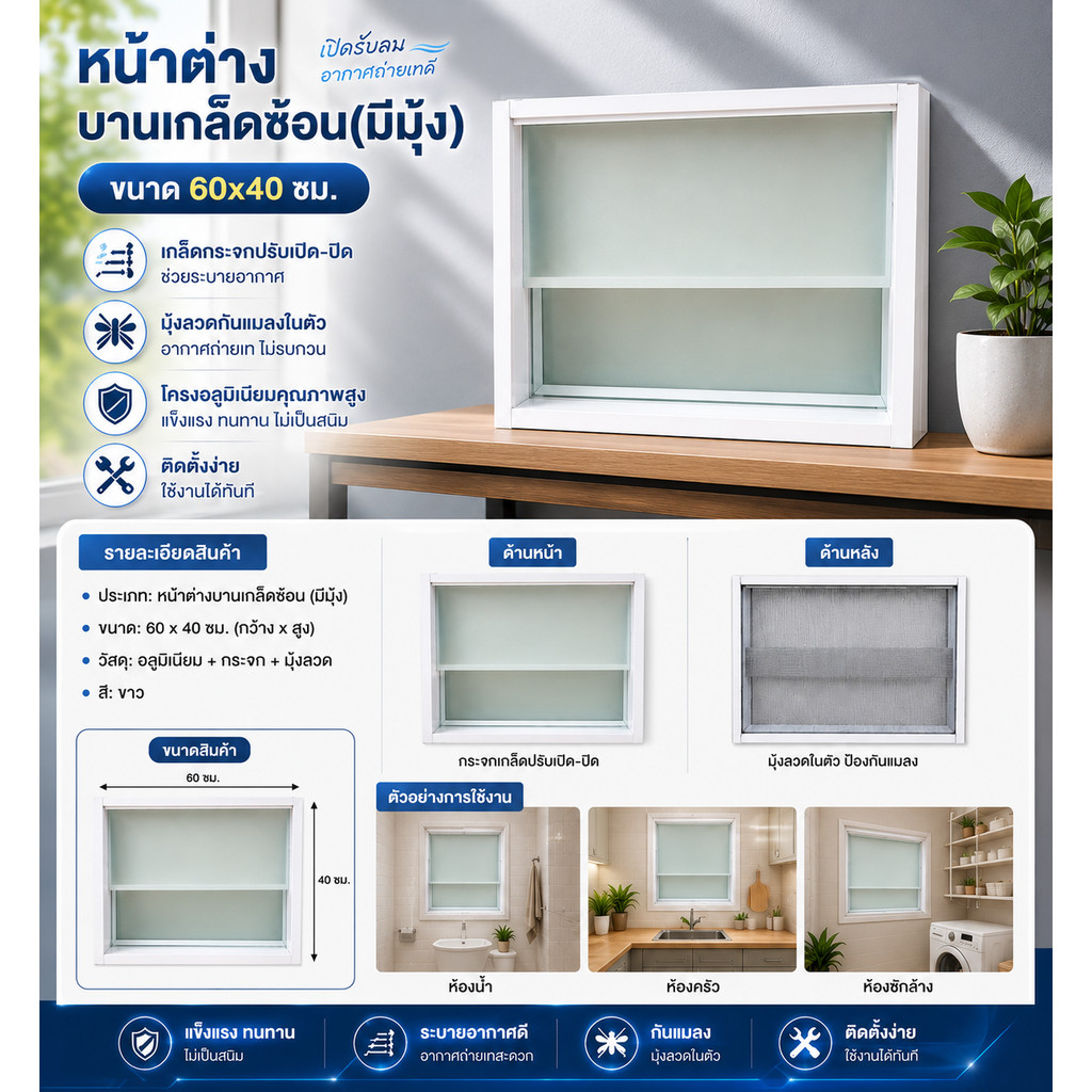 หน้าต่างบานเกล็ดซ้อน ขนาด 60x40 ซม. หน้าต่างระบายอากาศสำเร็จรูป (มีมุ้ง) พร้อมส่ง