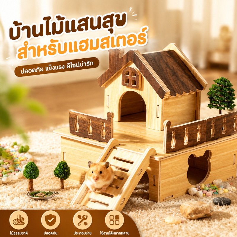 บ้านไม้แฮมสเตอร์ ของเล่นสัตว์เล็ก ไม้ปลอดสารพิษ แข็งแรง ทนทาน วางในกรงง่าย มีหลายแบบ