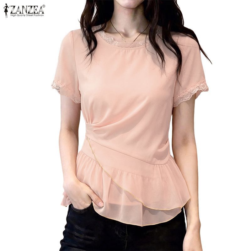 ZANZEA ผู้หญิงเกาหลี Elegant Chic รอบคอแขนสั้นรวบรวมเอว Ruffles Hem Lace Splicing เสื้อ