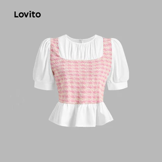 Lovito สง่างาม เสื้อเบลาส์ ผ้าแจ็คการ์ด ลายตาราง กิงแฮม สไตล์ สำหรับผู้หญิง เกาหลี อินเทรนด์ L114AD317