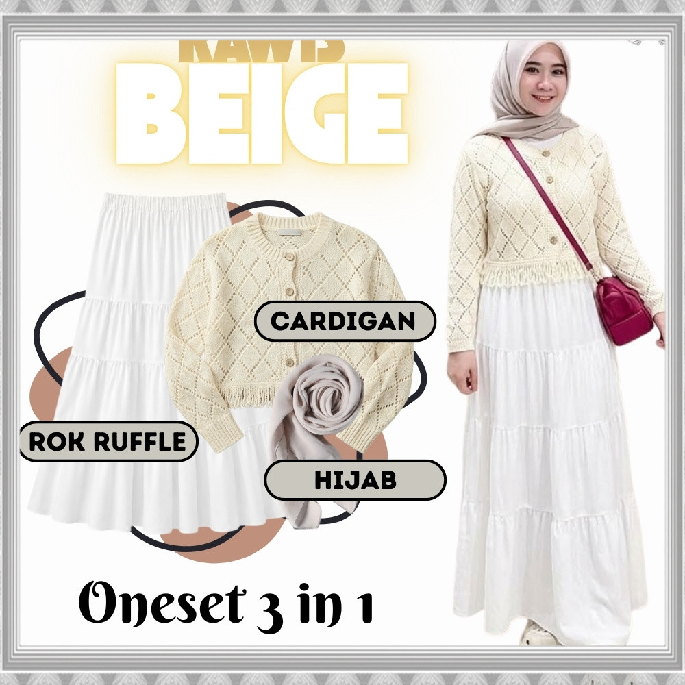 3 in 1 Rawis Beige cardigan Set With Korean Style Ruffle Skirt (Bella Hijab + Rawis cardigan + Ruffl