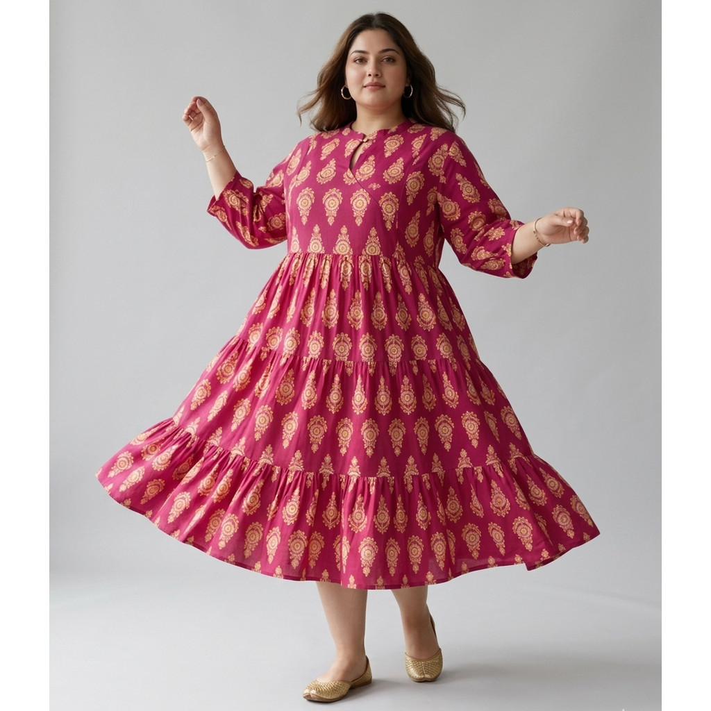 DEBAYU Plus Size Cotton Flared Midi Dress Size 4XL ถึง 8XL
