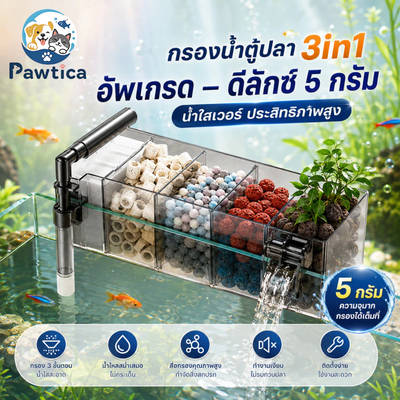PawTica กรองตู้ปลา กรองแขวน กล่องกรองแขวนตู้ปลาอะคริลิกใส พร้อมปั๊มน้ำ 5W 300L/H รุ่น GD16 GD17 GD19 ระบบเป็นสัดส่วน เพิ่มพื้นที่ใส่วัสดุ