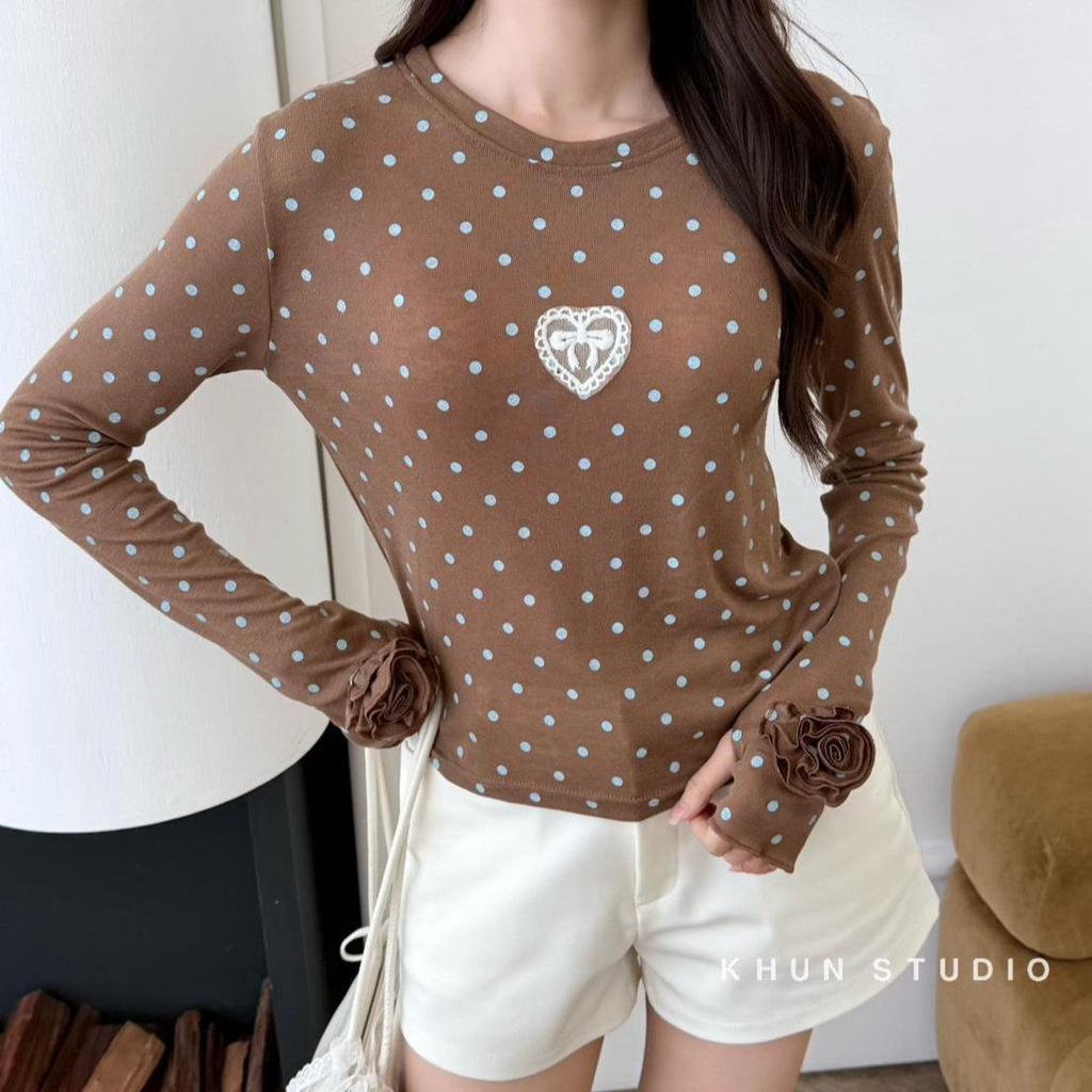 KN.Clothes เสื้อแขนยาว โพกาดอท แต่งดอกไม้ปลายแขน ผ้ายืด ใส่สบาย Khun.Studio รูปที่ 4