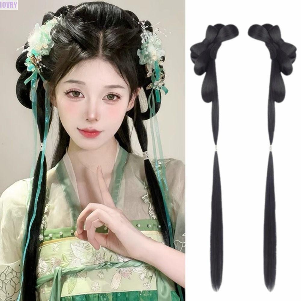 IVORY 2 ชิ้น Hanfu Bow Bun Head วิกผม,สังเคราะห์แบบบูรณาการยาวตรงผมหางม้า,อินเทรนด์สไตล์โบราณ Headwear ปุยจีน Hanfu Chignon การถ่ายภาพ