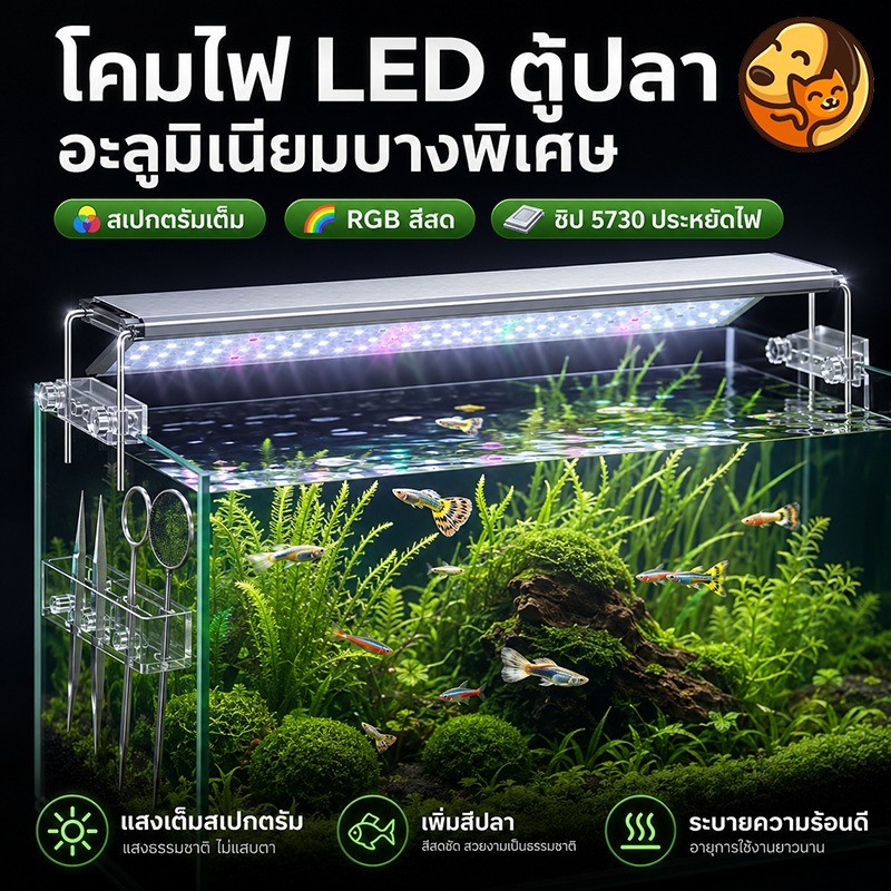 COD ไฟตู้ปลา LED Full Spectrum โคมไฟอะลูมิเนียม ชิป 5730 กันน้ำ IPX4 ขาปรับระดับ สีเงิน มี 6 ขนาด