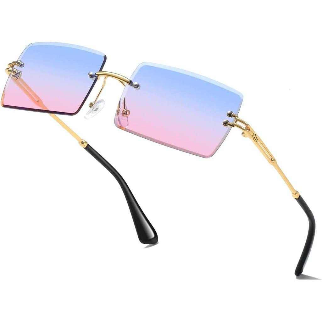 แฟชั่น Rimless สี่เหลี่ยมผืนผ้าแว่นตากันแดดสําหรับผู้หญิงผู้ชายแว่นตาสแควร์ Ultralight UV400 แว่นตา 