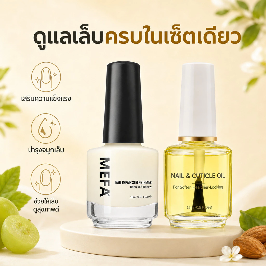 MEFA เซ็ตบำรุงเล็บ เซรั่มบำรุงเล็บ + น้ำมันบำรุงเล็บ 15ml เล็บแข็งแรง ลดเล็บเปราะ Cuticle Oil