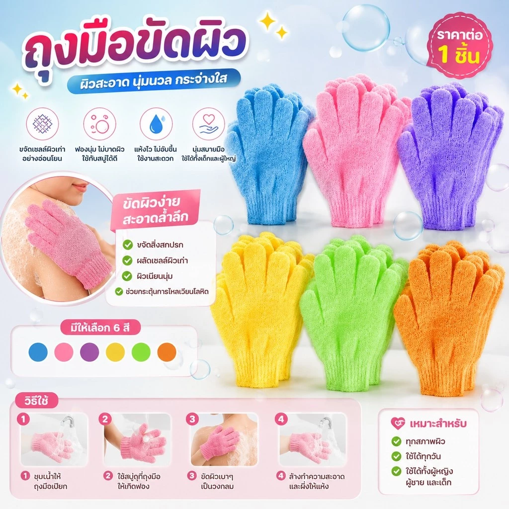 kingmallshop SH075(ร้านไทย) ถุงมืออาบน้ำ ขัดตัว 1ชิ้น (ขัดตัว อุปกรณ์จัดเก็บในห้องน้ำ)