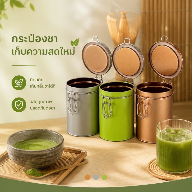 กระป๋อง Matcha ที่ปิดสนิท ฝาล็อกปิดสนิท กระบวนการเกรดอาหาร กันชื้น กระป๋องโลหะกลม