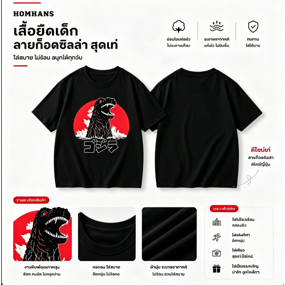 ไดโนเสาร์ | เสื้อยืดแขนสั้นสำหรับเด็กผู้ชาย | นุ่มสบาย | ขนาด 90-150