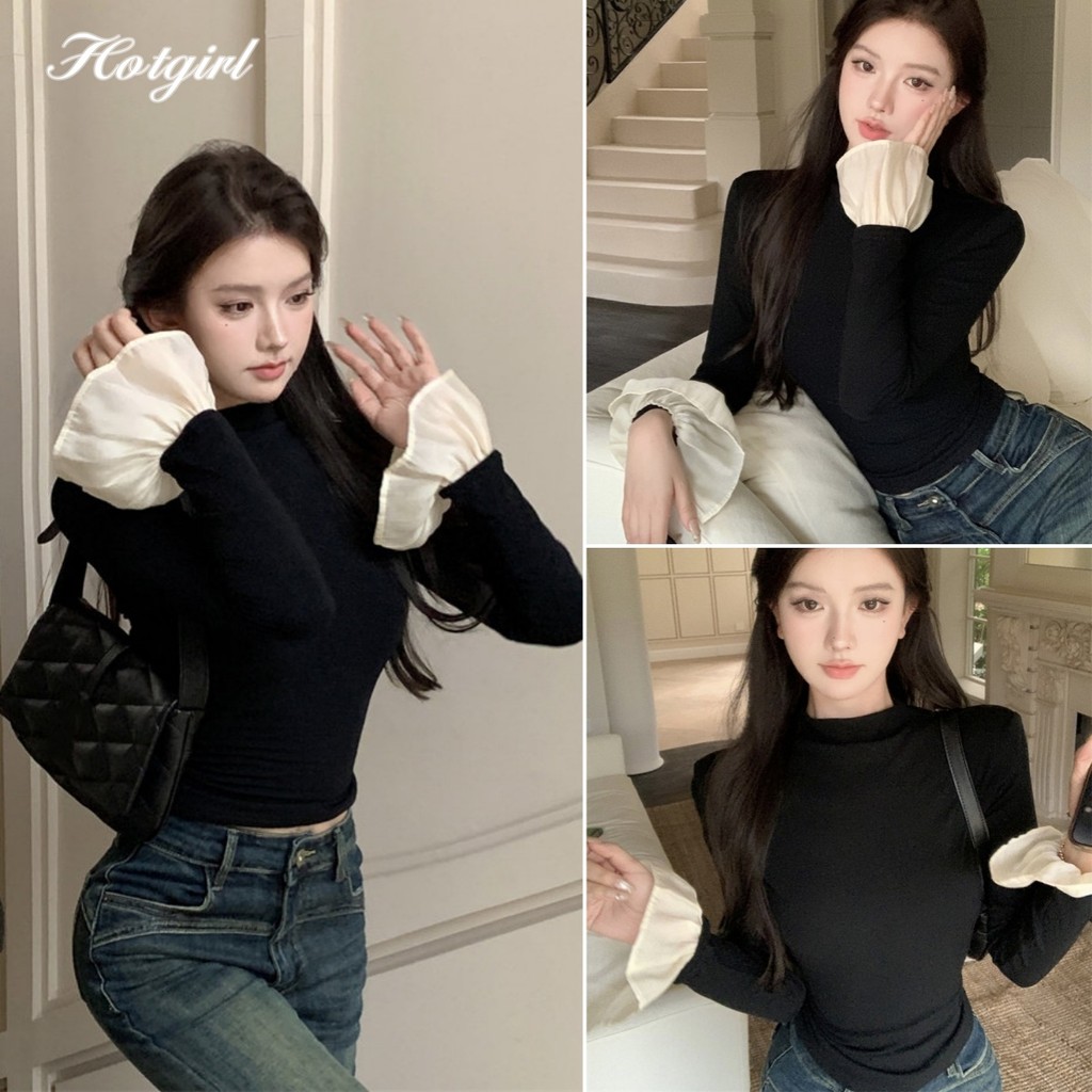 Hotgirl พร้อมส่ง เสื้อยืดผู้หญิง เสื้อยืดแขนยาว คอครึ่ง แขนระบาย สไตล์ย้อนยุคเกาหลีS-2XL