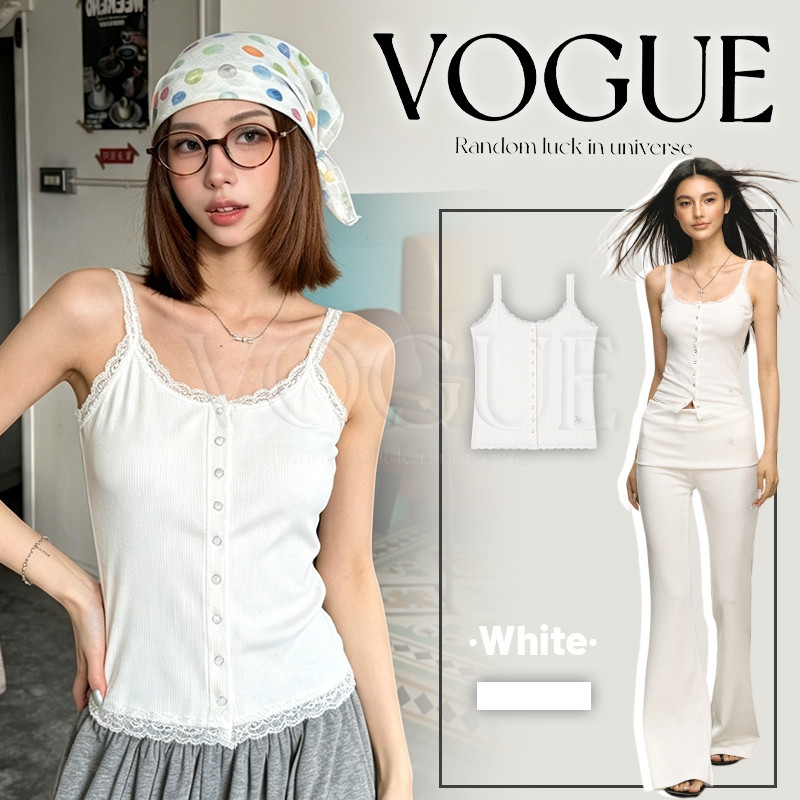 Vogue🌟พร้อมส่ง🌟 เสื้อกล้ามสายเดี่ยว ขอบลูกไม้บริเวณคอและปลายเสื้อ ดีไซน์ปุ่มหน้าเสื้อ พรางหุ่น เหมาะกับฤดูร้อน (FY10183)