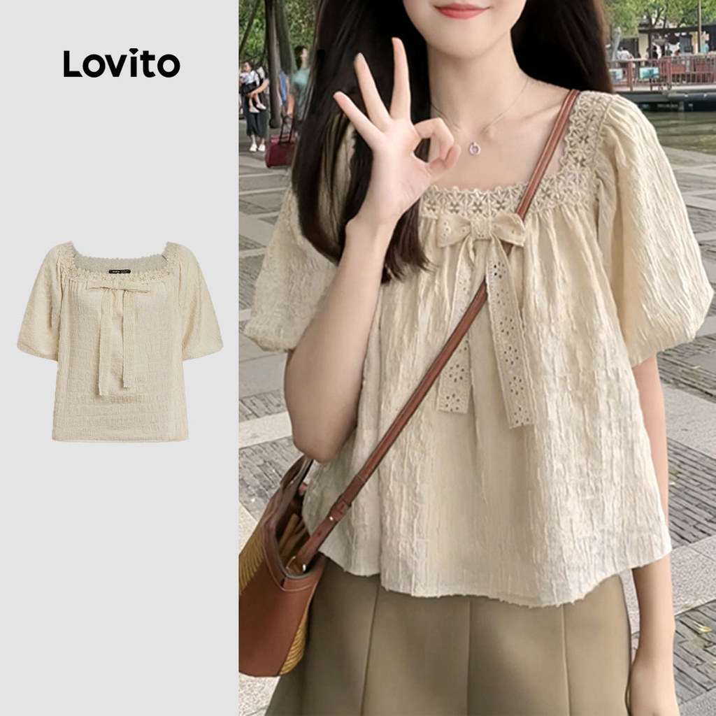 (KOL‘s pick) Lovito วันหยุด เสื้อเบลาส์ คอเหลี่ยม แต่งลูกไม้ตาข่าย สีพื้น สไตล์ สำหรับผู้หญิง LNE191