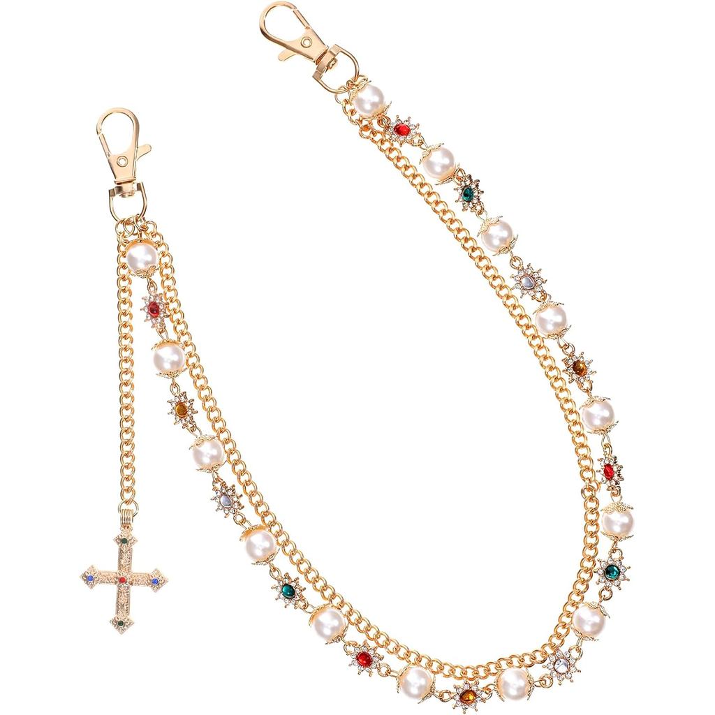 กางเกง Wallet Chains Layered ประณีต Gold Rhinestone ดอกไม้ Pearl Jean กระเป๋าแฟชั่น Hip Hop Cross เข