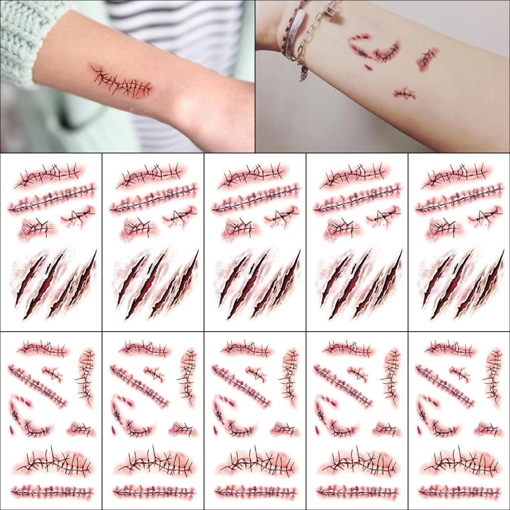 10 แผ่นฮาโลวีน Terror Wound ชั่วคราว Tattoo กันน้ําสมจริง Blood Tattoos การบาดเจ็บรอยแผลเป็น Tattoo 