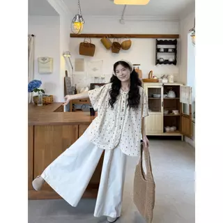 mimi-เซต 2 ชิ้นดทันสมัยสำหรับผู้หญิง สวมใส่สบาย ประกอบด้วยเสื้อเชิ้ตคอกลมลายจุดและกางเกงขายาวขากว้างทรงหลวม#99540+41