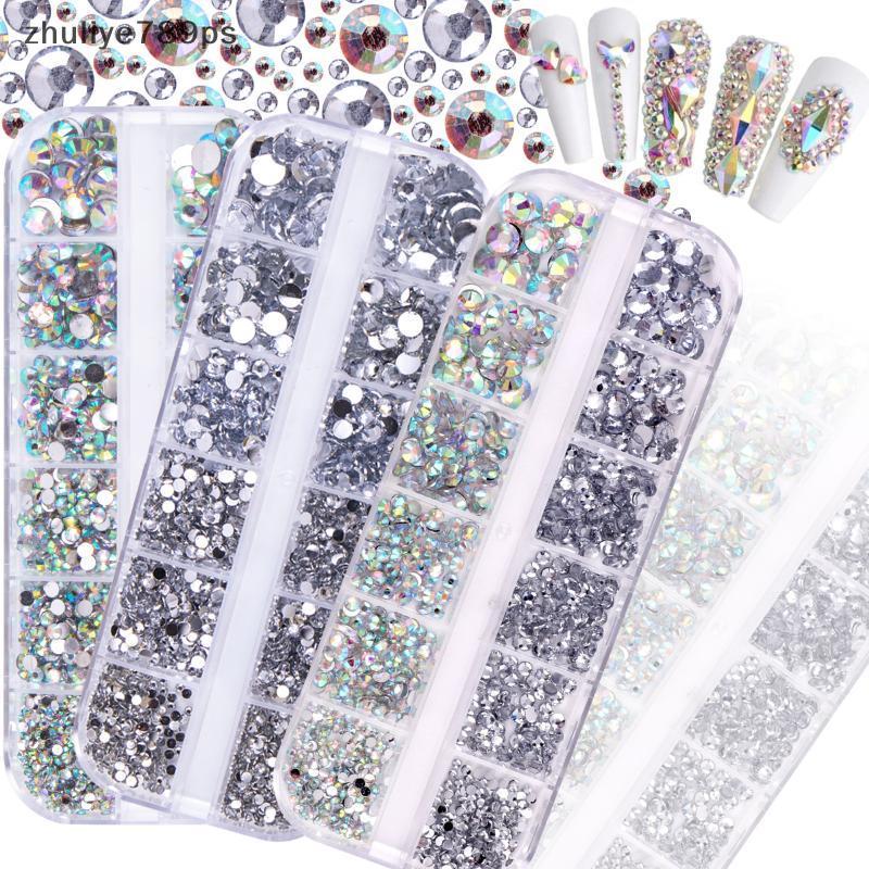 Zhuliye789ps] 12Grids กล่องผสมเล็บ Rhinestone เล็บลูกปัด AB คริสตัล Flatba เครื่องประดับอัญมณีพร้อมจ