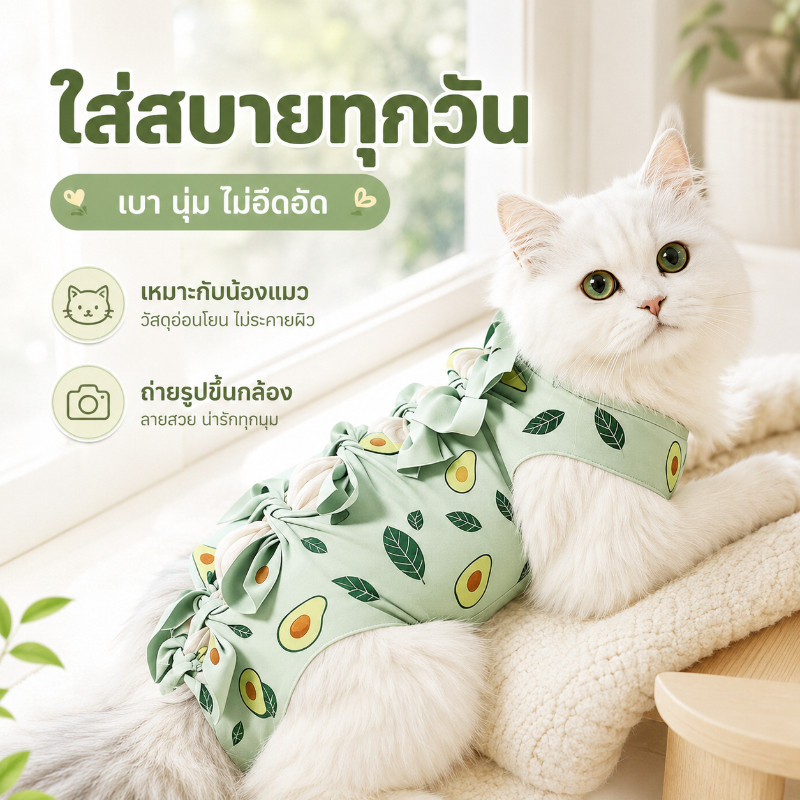 เสื้อหลังผ่าตัดแมว กันเลียแผล ผ้านุ่ม ระบายอากาศ เชือกผูกปรับได้ ลายอะโวคาโด