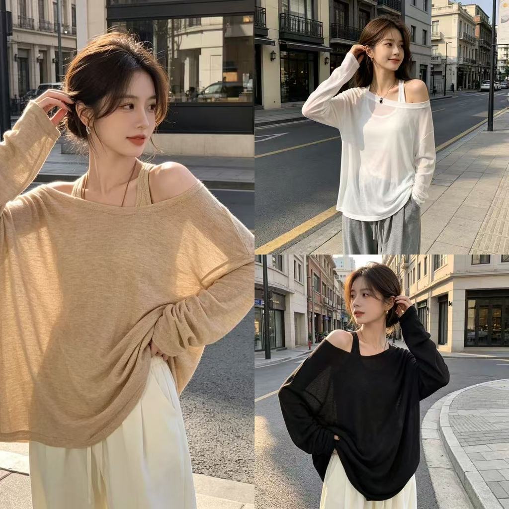 ชุดเซ็ตเสื้อคลุมแขนยาวผ้าร่อง แมทช์เสื้อสายเดี่ยว สไตล์มินิมอล
