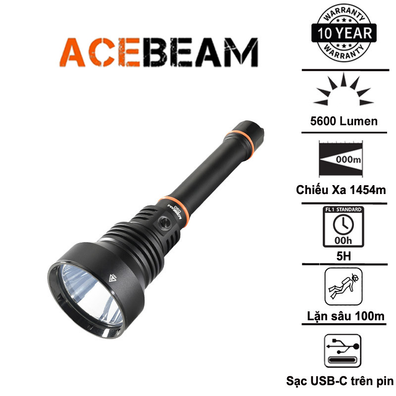 ไฟฉายดําน้ํา ACEBEAM D30 – ความสว่าง 5600 Lumens ระยะลําแสง 1454m ดําน้ําลึกสุด 100m