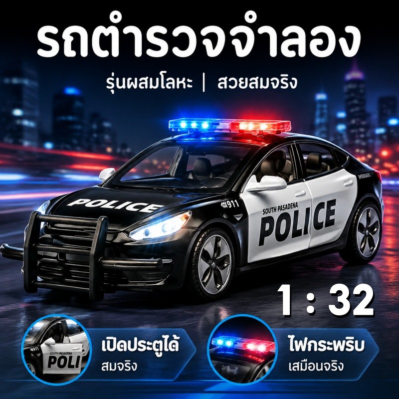 COD 1:32 รถตำรวจจำลอง โลหะผสม เปิดประตู-ฝากระโปรงได้ ไฟกระพริบ+เสียงสมจริง ดึงกลับ ไม่ใช้ถ่าน ของเล่นเด็ก