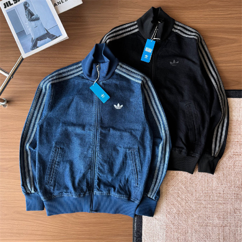 Adidas ปัก Retro ล้างผ้ายีนส์ซิปยืนขึ้นปกแจ็คเก็ตยีนส์หลวม