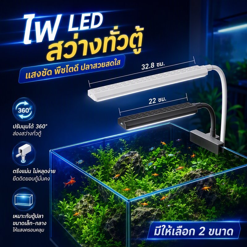 ไฟตู้ปลา LED แบบหนีบ ปรับมุมสามร้อยหกสิบองศา แสงสามโหมด USB ปลั๊ก วัสดุ PP