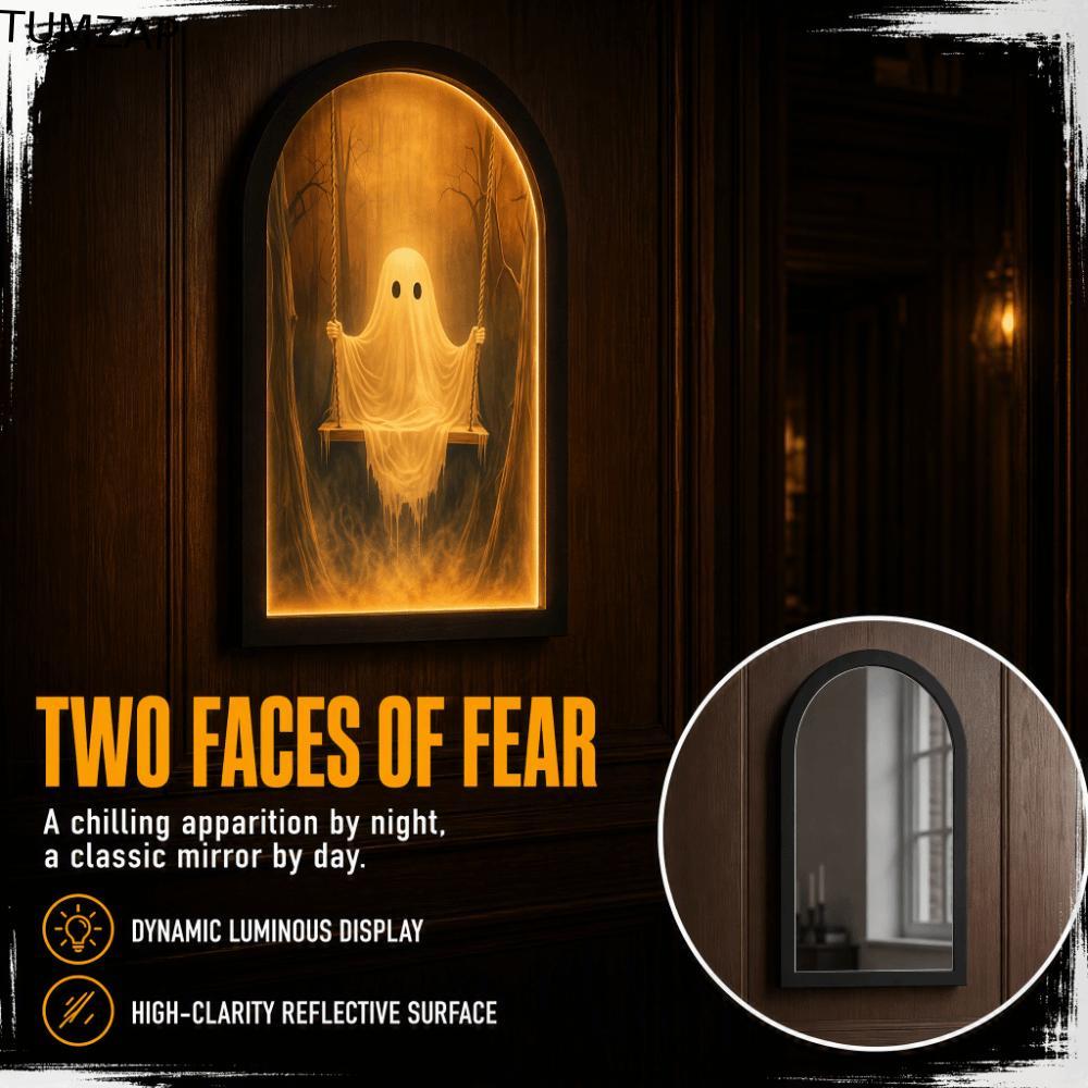 TUMZAP Light Up Ghost Mirror, Light Up Illuminated Halloween Ghost Mirror, Spooky Glowing Wall Art G