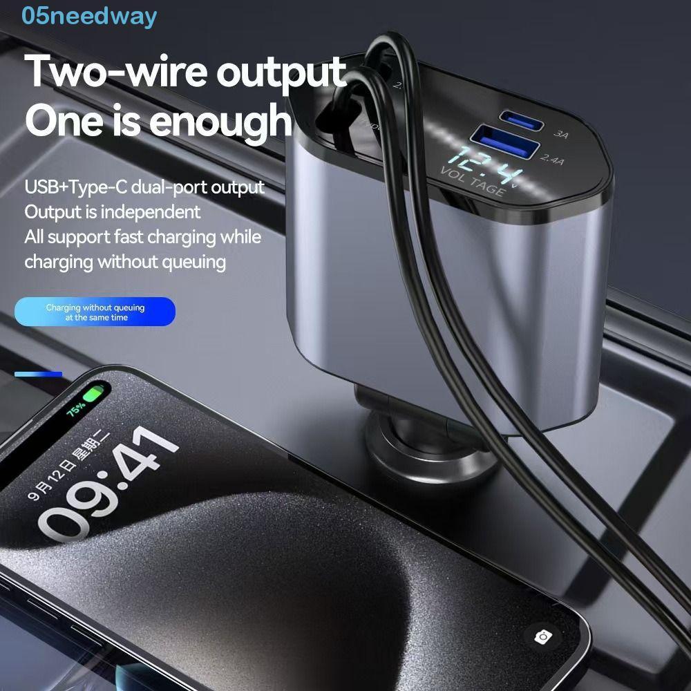 NEEDWAY Car Charger, 4 IN 1 120W Car Charger, Fast Charging Retractable Cable USB Type C Car Charger