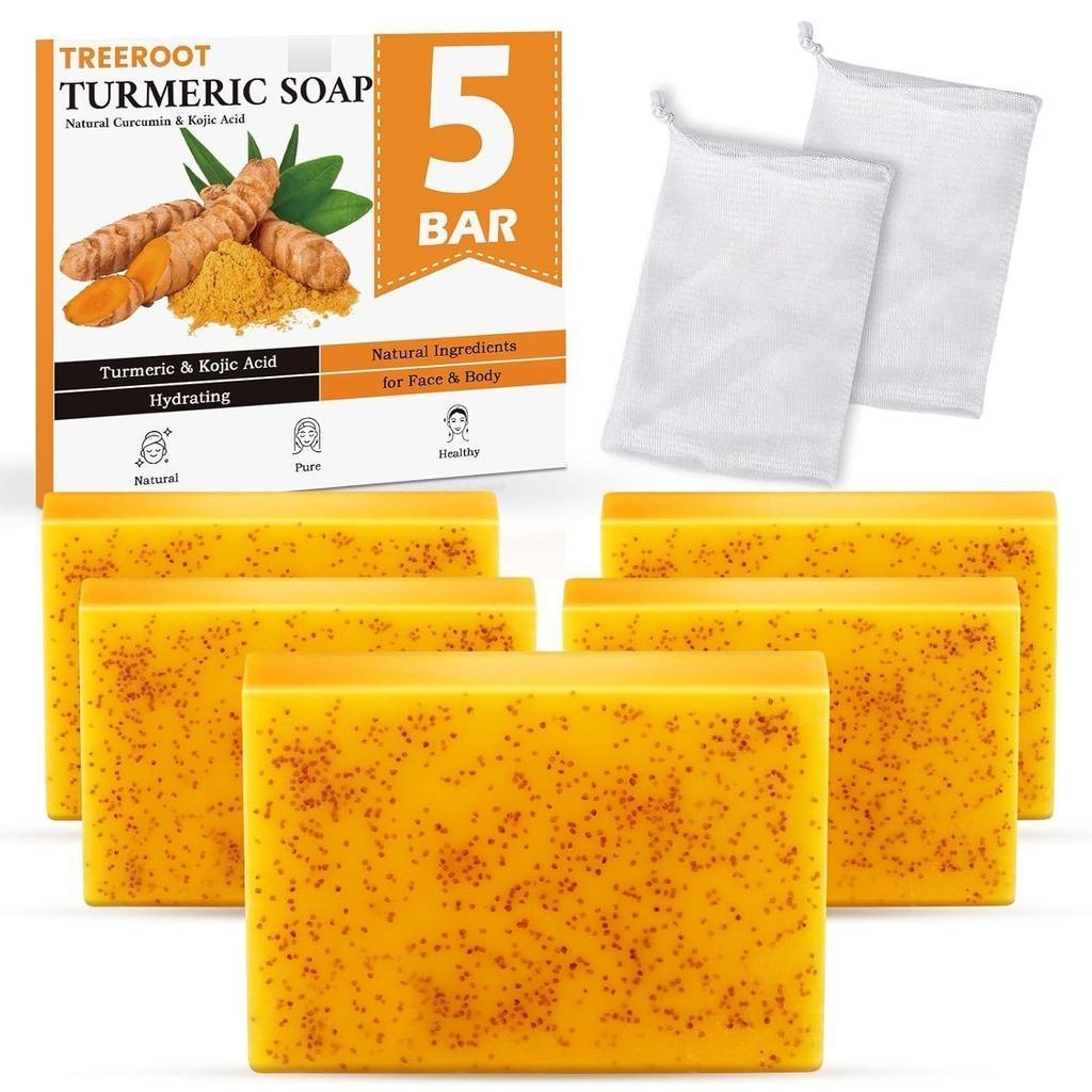 Treeroot5PackTurmericSoap,80gKojicAcidandTurmericSoapBar,GentlyCleantheFace,บรรจุCollagen,VitaminC,S