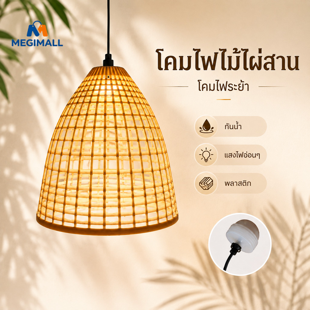 โคมไฟไม้ไผ่สาน โคมไฟระย้า โคมไฟตกแต่งกลางแจ้ง เต็มไปด้วยบรรยากาศ กันน้ำ พลาสติกสาน แข็งแรงทนทาน