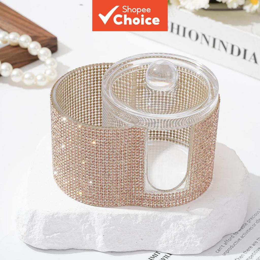 Bling Diamond-studded Swivel Makeup Organizer – กล่องเครื่องสําอางกันฝุ่นทรงกลมพร้อมฝาปิดใส – สําหรั