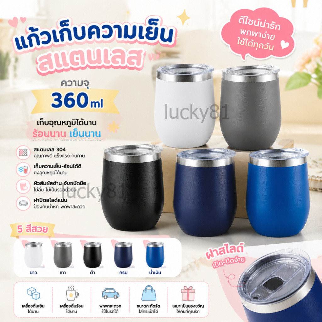 แก้วน้ำเก็บอุณหภูมิ สแตนเลส 316 พร้อมฝาใส ฐานกันลื่น เก็บร้อน-เย็น พรีเมียม