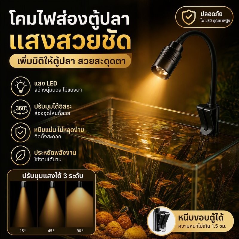ไฟสปอตไลท์ตู้ปลา ปรับซูม 15-90° 3 โทนสี ปรับความสว่าง 10 ระดับ ขาโค้งหมุน360° ติดหนีบขอบตู้ปลา เลี้ยงพืชน้ำ ตกแต่งสวย