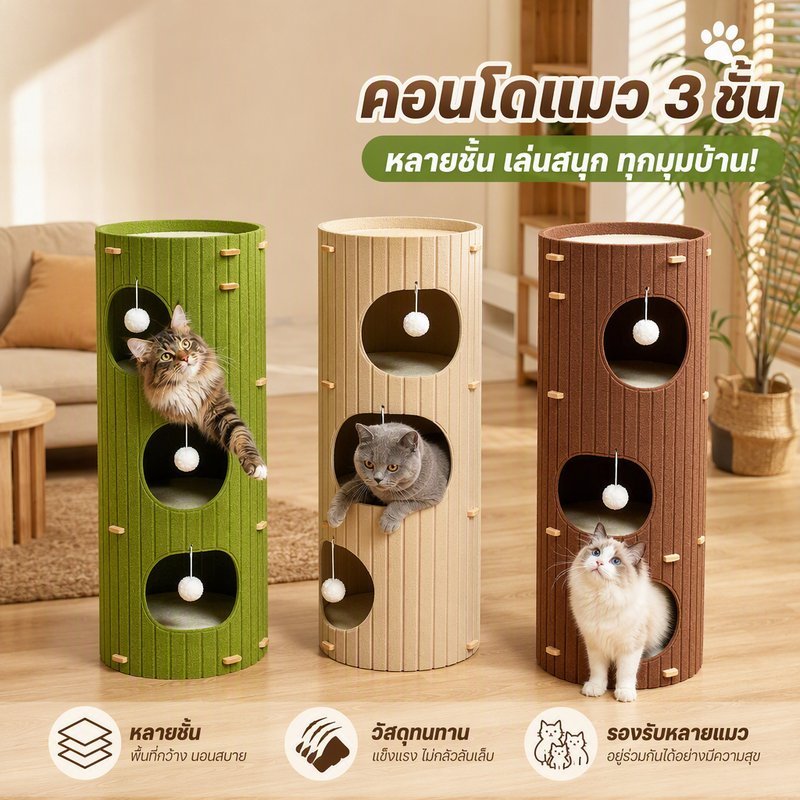 คอนโดแมว บ้านแมวต้นไม้ หลายชั้น ถ้ำแมว เสาลับเล็บ ที่นอนแมว ปีนป่าย พับเก็บได้ แมวหลายตัว