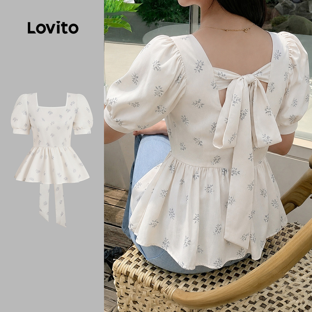 (New Arrival) Lovito เสื้อเบลาส์ลําลองผู้หญิง สําหรับฤดูใบไม้ผลิ/ฤดูร้อน LK7LD1034