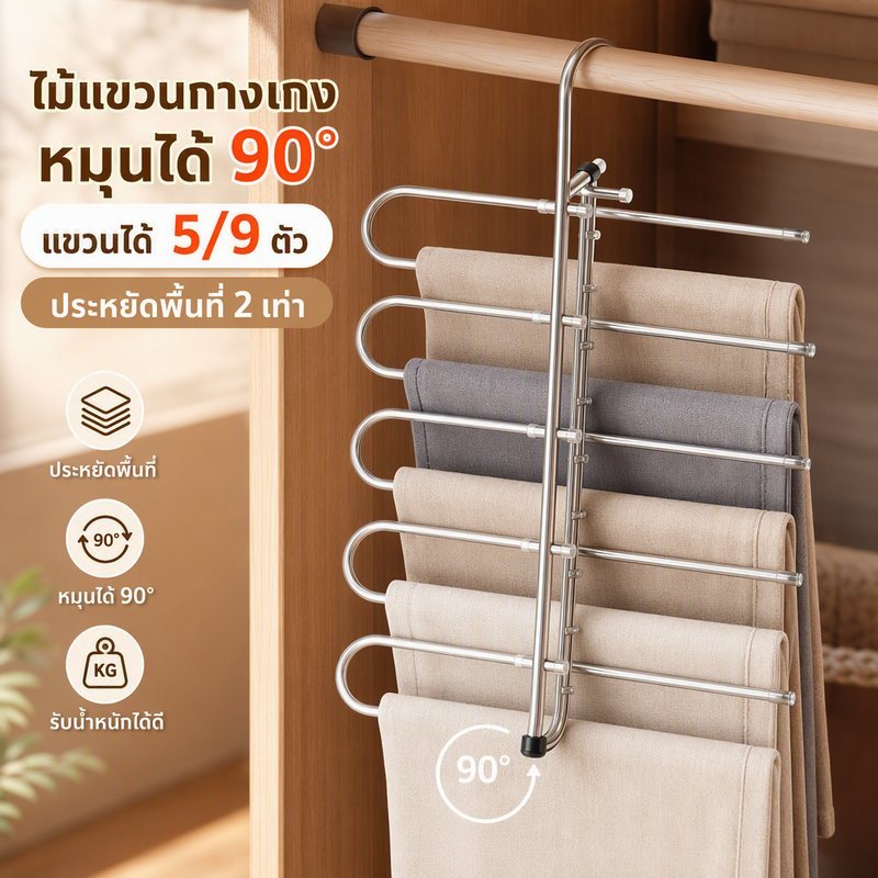 COD ไม้แขวนกางเกง สแตนเลส หลายชั้น พับได้ กันลื่น หมุนได้ 90 องศา ประหยัดพื้นที่ 5 9 ท่อ