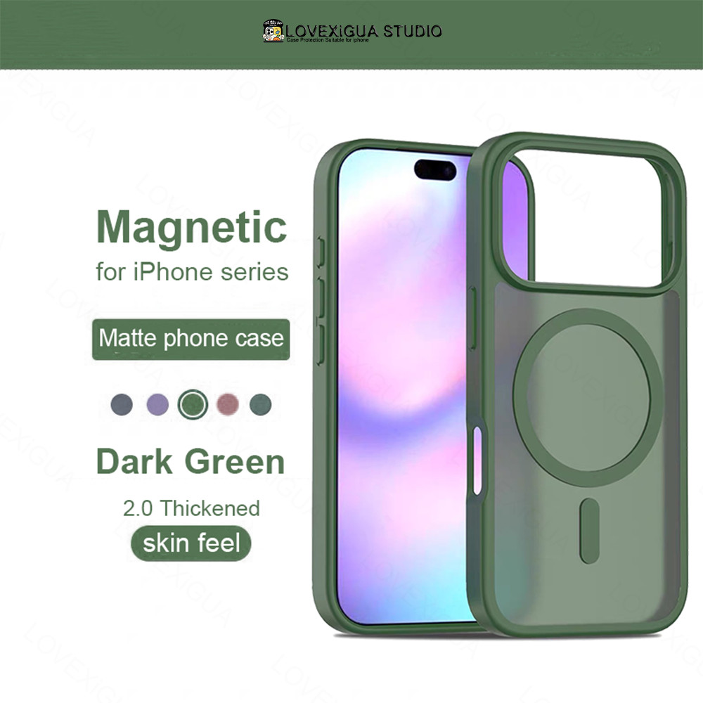 Simple army green Magnetic Matteเคสโทรศัพท์สําหรับiPhone 17 Pro Max 13 14 15 16 Pro Maxเคสรวมทุกอย่างผิวรู้สึกอะคริลิคหลังแข็งกันกระแทกฝาครอบป้องกัน