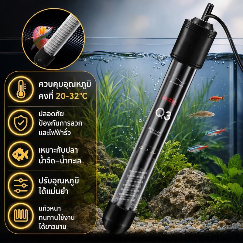 ฮีตเตอร์ตู้ปลา ฮีตเตอร์แก้ว Heater ควบคุมอุณหภูมิน้ำให้คงที่ ฉนวนปลา เครื่องปรับอุณหภูมิ 22~34 องศา