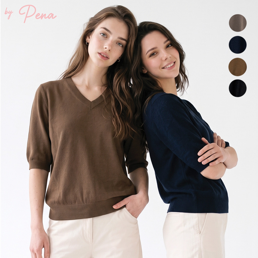 By Pena เสื้อไหมพรมแขนสี่ส่วน คอวี  รุ่น BPLW012602