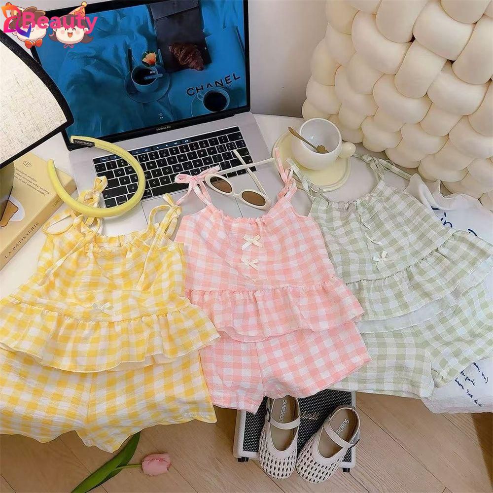ชุดเซ็ตเด็กหญิง 0-5 ปี เสื้อยืดแขนกุดลายพิมพ์ Peplum & กางเกงขาสั้น ชุดฤดูร้อน Terno Pajama น่ารักสํ