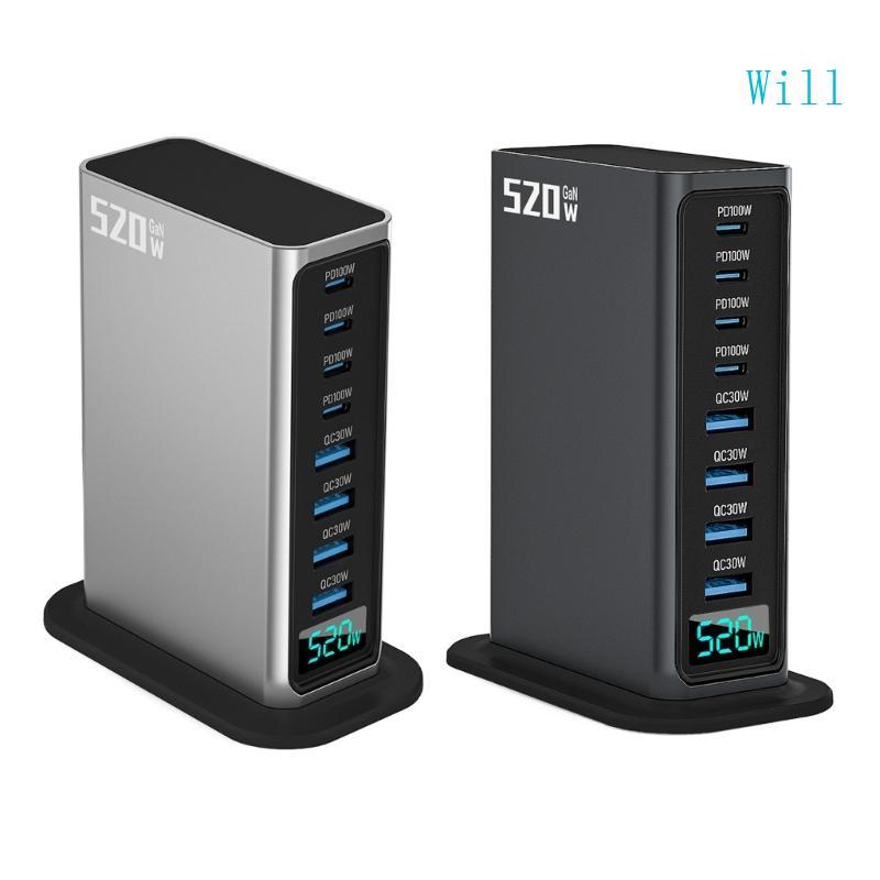 จะ 8 พอร์ต 520W USB C Fast Charger พร้อม 4 USB C 100W และ 4 USB A QC30W Charger สําหรับชาร์จอุปกรณ์อ