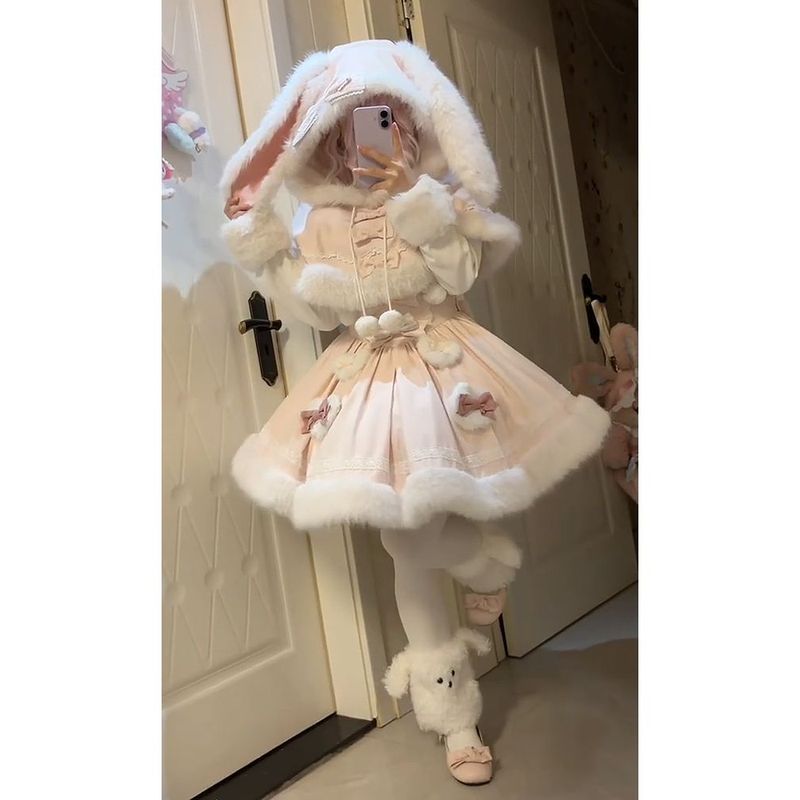 Strawberry Jelly Japanese Sweet Girly Ear-Feeling Cloak Jacket เอวแคบ Puffy