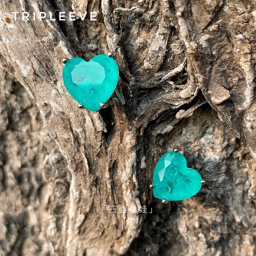Forest Lake Light/น้ําเงิน-เขียว สีสวย Paraiba Seiko Love Heart Peach Heart ต่างหูต่างหูไม่มีคลิปหูเ