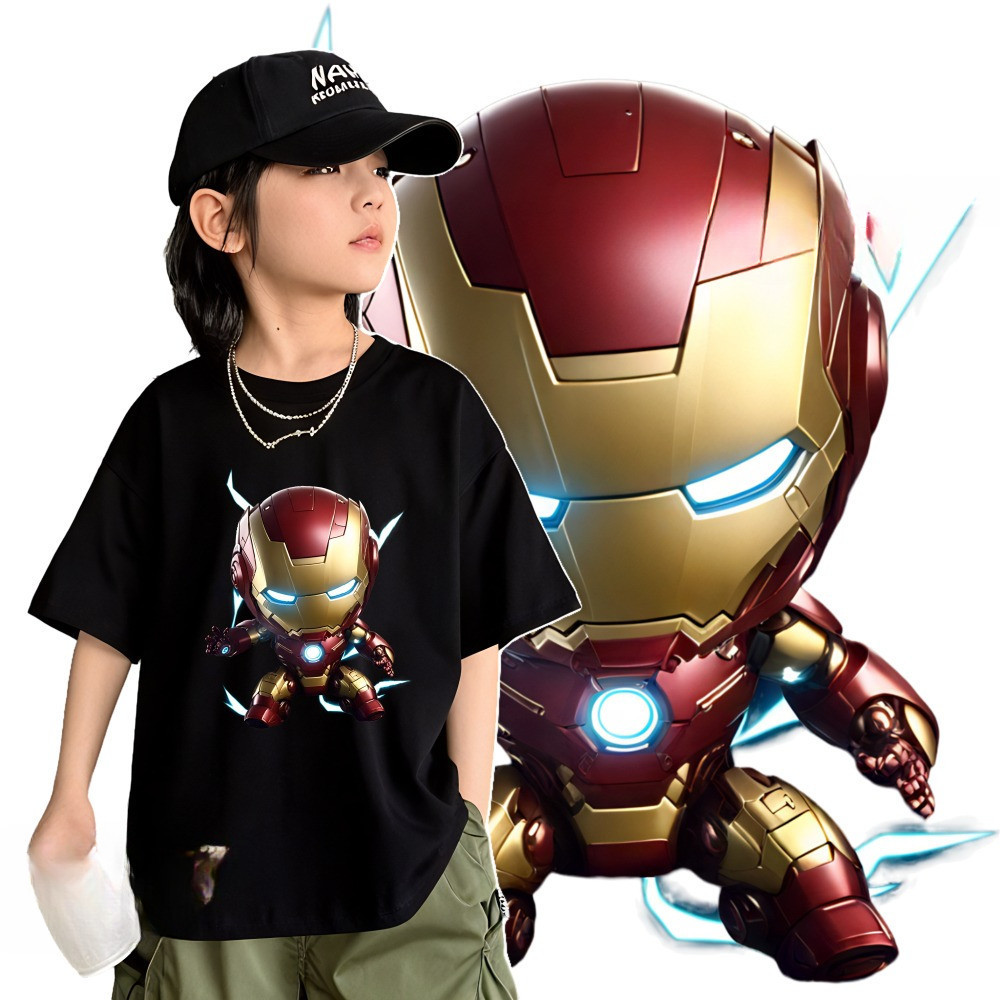 220G 100% Cotton Tshirt Superhero เสื้อยืดเด็กหลวมรอบคอสั้น, Tony Stark สําหรับ 1-12 Yrs