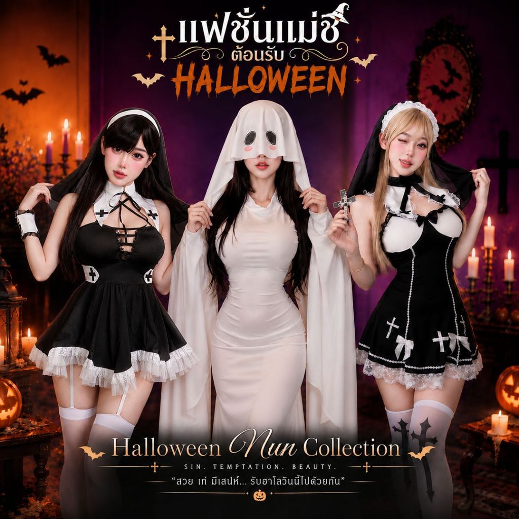 HOT EX ชุดแฟนซี Halloween ชุดแม่ชีผู้หญิง Nun Costume คอสเพลย์ปาร์ตี้ มีหลายไซส์ M-5XL | 40-100กก. SET-1414