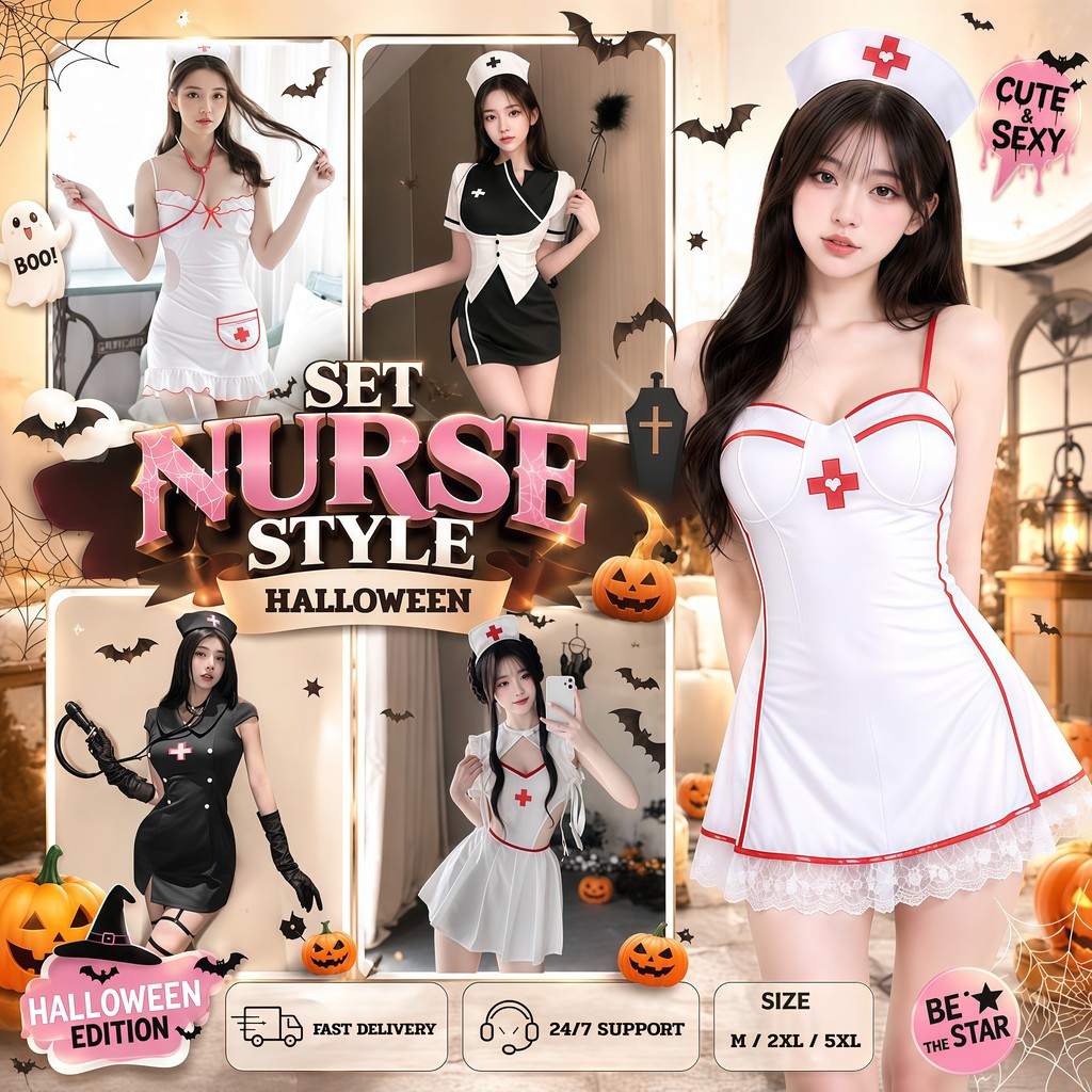 BIG SEXYชุดพยาบาลแฟนซีผู้หญิง Nurse Costume ชุดคอสเพลย์ฮาโลวีน ดีไซน์ขาวแดง พร้อมส่ง M-5XL | 40-100กก.SET-1416